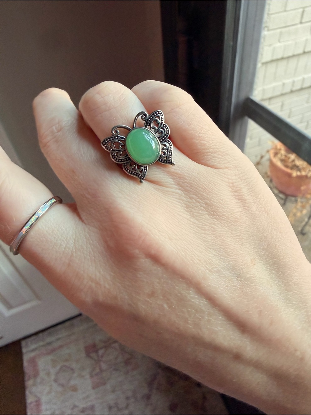Silver Butterfly Ring with Green Stone - Adjustable - Picture 2 of 3